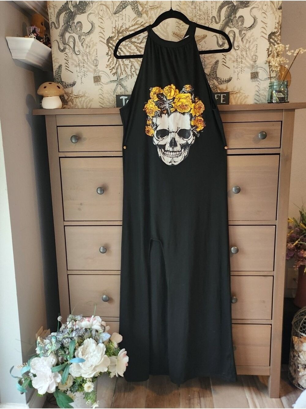 Black Halter Maxi Dress with Skull & Yellow Flower Graphic Size Small